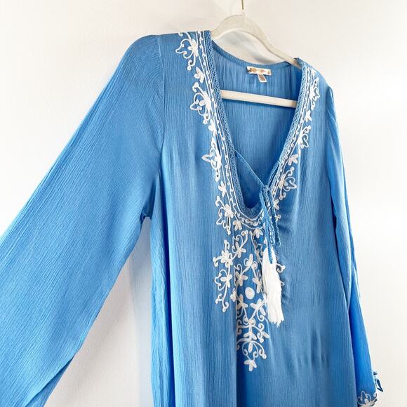 Rise and Bloom Embroidered Long Sleeve Tie Neck Maxi Dress Blue Medium - Picture 8 of 15